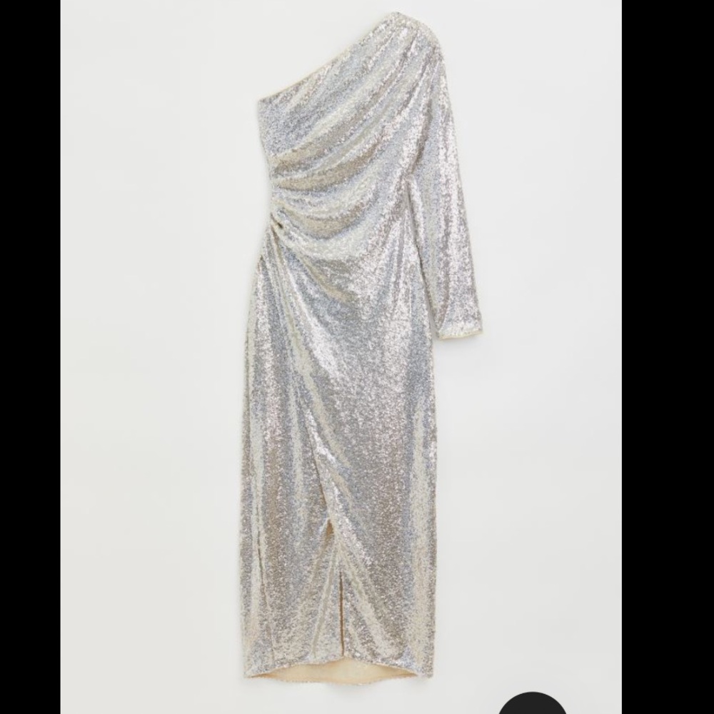 Fitted, calf-length, one-shoulder sequin dress